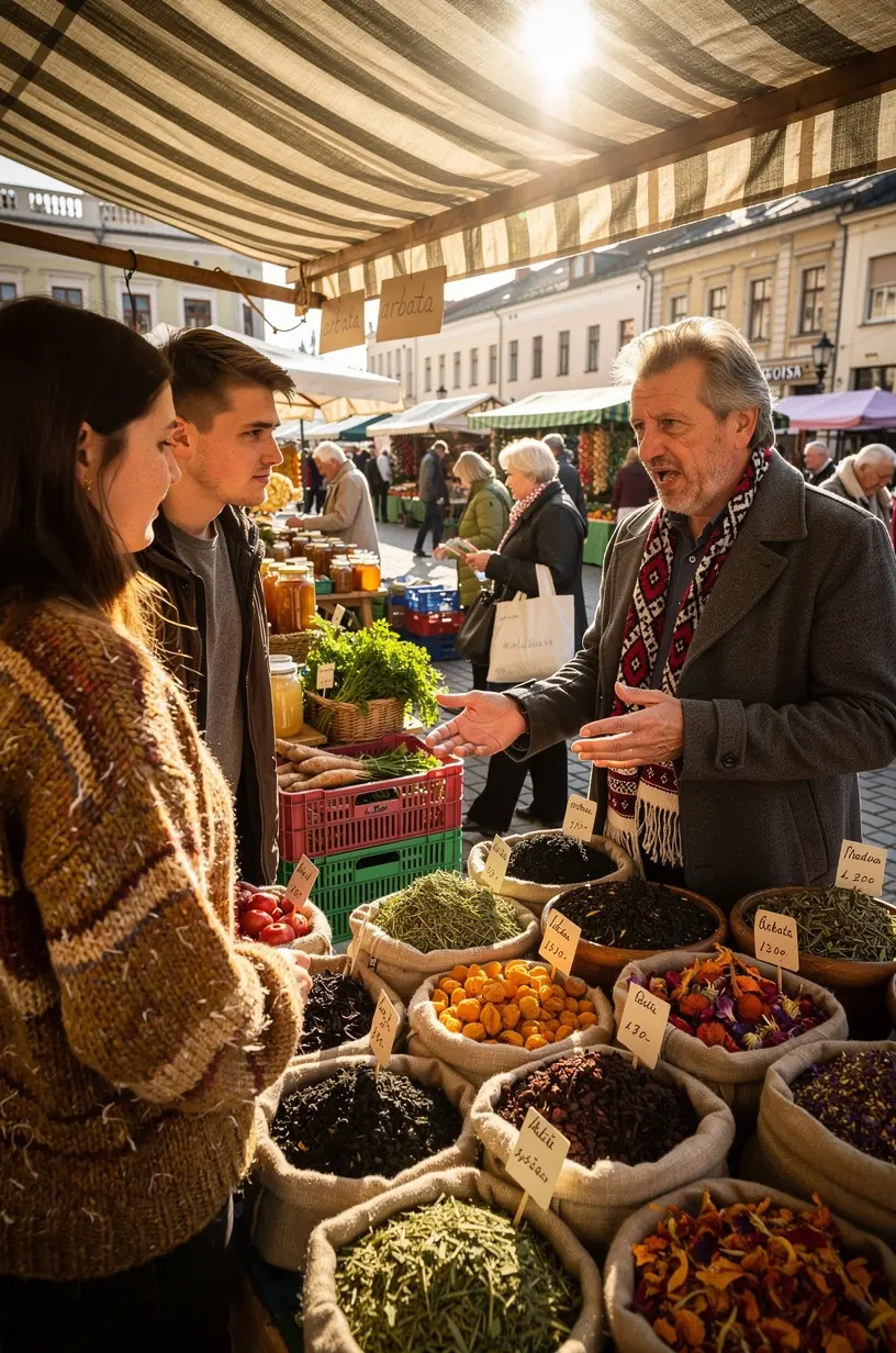 Arbatos puodelis ant medinio stalo, šalia žaliųjų lapų ir knygos, simbolizuojantis kasdienio arbatos ritualo raminamą poveikį.